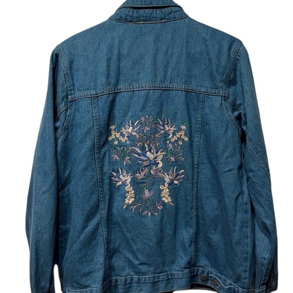 Collections Etc Denim Jacket Floral Embroidered Blue Cotton Long Sleeve‎ Women L - Picture 2 of 9